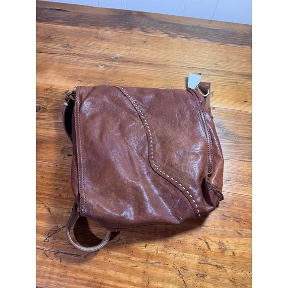 Lucky Brand Brown Leather Boho Distressed Satchel Crossbody Bag Slouchy - Picture 3 of 15